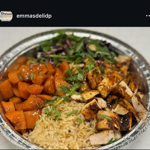 Emma's Deli bowl with grilled chicken, roasted sweet potatoes, rice, and mixed greens.