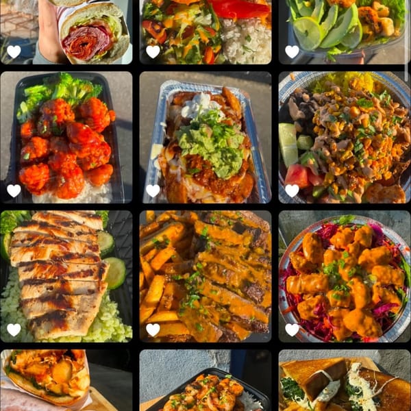 A collage of nine Emma's Deli dishes, including sandwiches, bowls, and grilled meats.