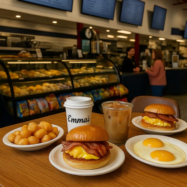 Breakfast spread at Emma's Deli with bacon, egg, and cheese sandwiches, tater tots, and drinks.