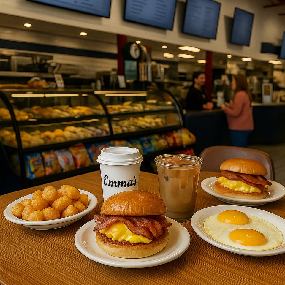 Breakfast spread at Emma's Deli with bacon, egg, and cheese sandwiches, tater tots, and drinks.